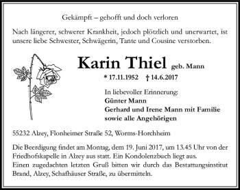 Traueranzeige von Karin Thiel von Trauerportal Rhein Main Presse