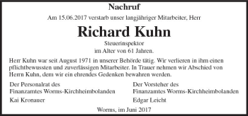 Traueranzeige von Richard Kuhn von Trauerportal Rhein Main Presse