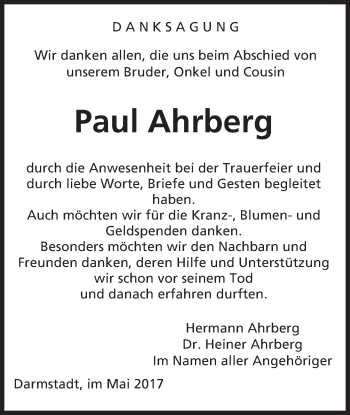Traueranzeige von Paul Ahrberg von Trauerportal Rhein Main Presse