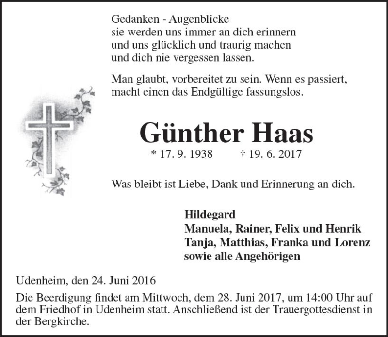  Traueranzeige für Günther Haas vom 24.06.2017 aus Trauerportal Rhein Main Presse