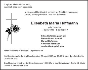 Traueranzeige von Elisabeth Maria Hoffmann von Trauerportal Echo Online