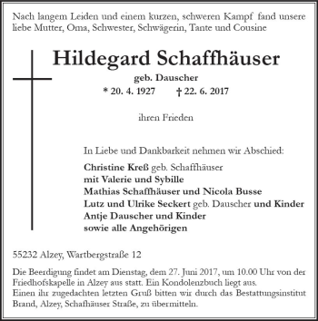 Traueranzeige von Hildegard Schaffhäuser von Trauerportal Rhein Main Presse