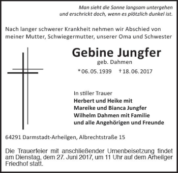 Traueranzeige von Gebine Jungfer von Trauerportal Echo Online