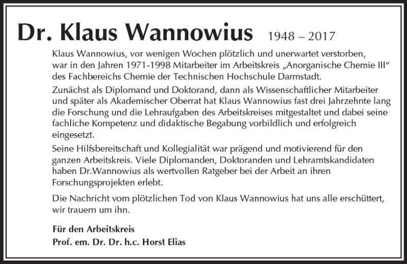  Traueranzeige für Klaus Wannowius vom 10.06.2017 aus Trauerportal Echo Online