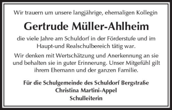 Traueranzeige von Gertrude Müller-Ahlheim von Trauerportal Echo Online