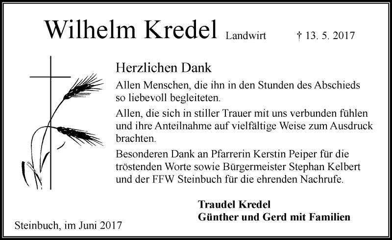  Traueranzeige für Wilhelm Kredel vom 03.06.2017 aus Trauerportal Echo Online