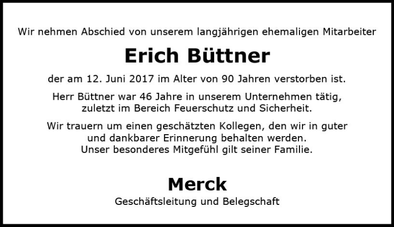 Traueranzeige für Erich Büttner vom 19.06.2017 aus Trauerportal Echo Online