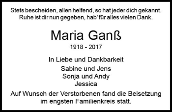 Traueranzeige von Maria Ganß von Trauerportal Echo Online