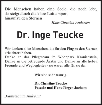 Traueranzeige von Inge Teucke von Trauerportal Echo Online