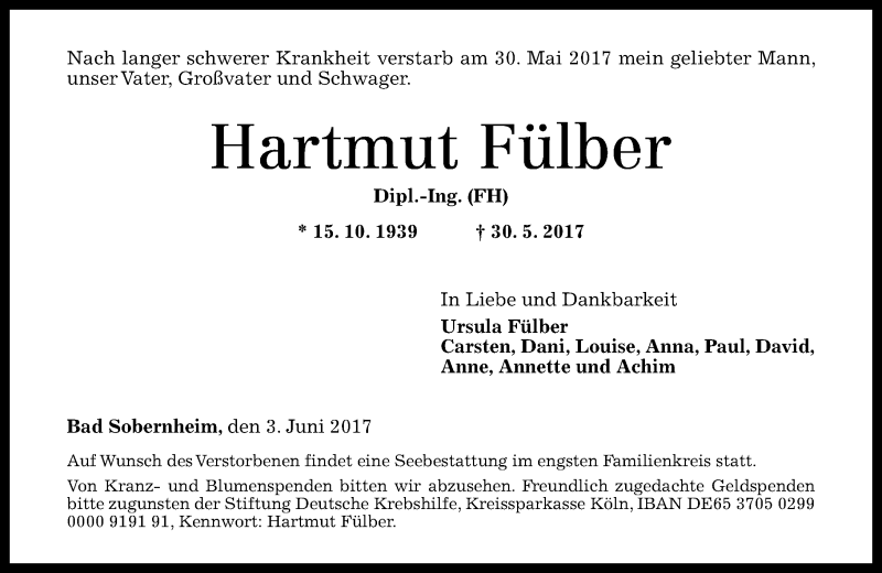  Traueranzeige für Hartmut Fülber vom 03.06.2017 aus Trauerportal Rhein Main Presse