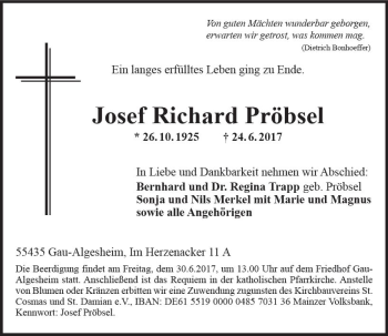 Traueranzeige von Josef Richard Pröbsel von Trauerportal Rhein Main Presse