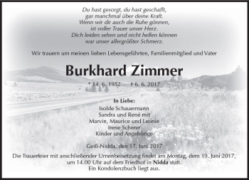 Traueranzeige von Burkhard Zimmer von  Kreisanzeiger