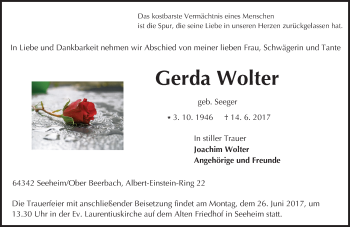 Traueranzeige von Gerda Wolter von Trauerportal Echo Online