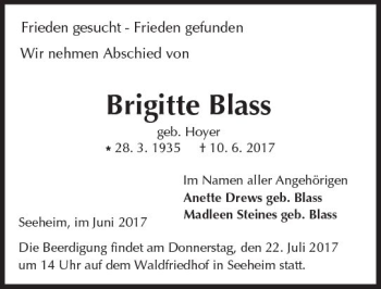 Traueranzeige von Brigitte Blass von Trauerportal Echo Online