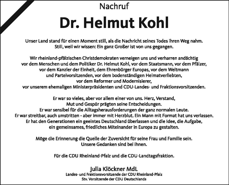  Traueranzeige für Helmut Kohl vom 20.06.2017 aus Trauerportal Rhein Main Presse