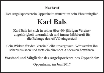 Traueranzeige von Karl Bals von Trauerportal Rhein Main Presse