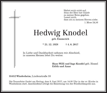 Traueranzeige von Hedwig Knodel von Trauerportal Rhein Main Presse