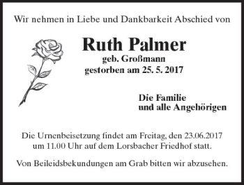 Traueranzeige von Ruth Palmer von Trauerportal Rhein Main Presse