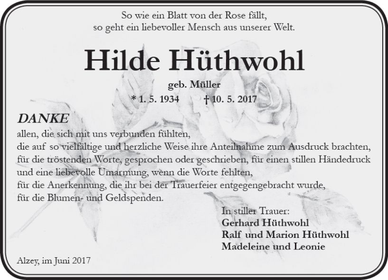  Traueranzeige für Hilde Hüthwohl vom 14.06.2017 aus Trauerportal Rhein Main Presse