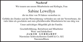 Traueranzeige von Sabine Lewellyn von Trauerportal Rhein Main Presse