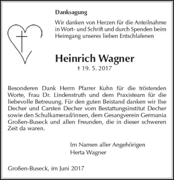 Traueranzeige von Heinrich Wagner von  Gießener Anzeiger