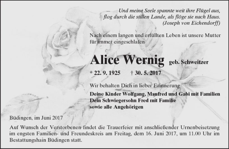  Traueranzeige für Alice Wernig vom 10.06.2017 aus  Kreisanzeiger