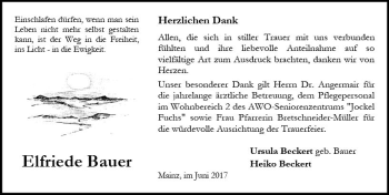 Traueranzeige von Elfriede Bauer von Trauerportal Rhein Main Presse