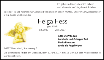 Traueranzeige von Helga Hess von Trauerportal Echo Online