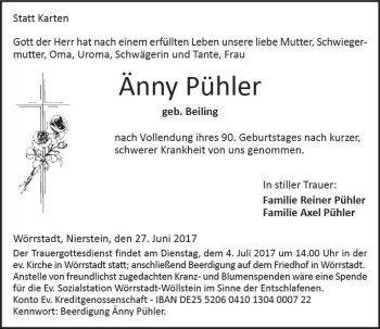 Traueranzeige von Änny Pühler von Trauerportal Rhein Main Presse