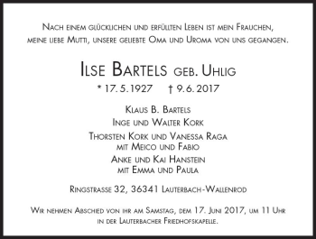 Traueranzeige von Ilse Bartels von  Lauterbacher Anzeiger