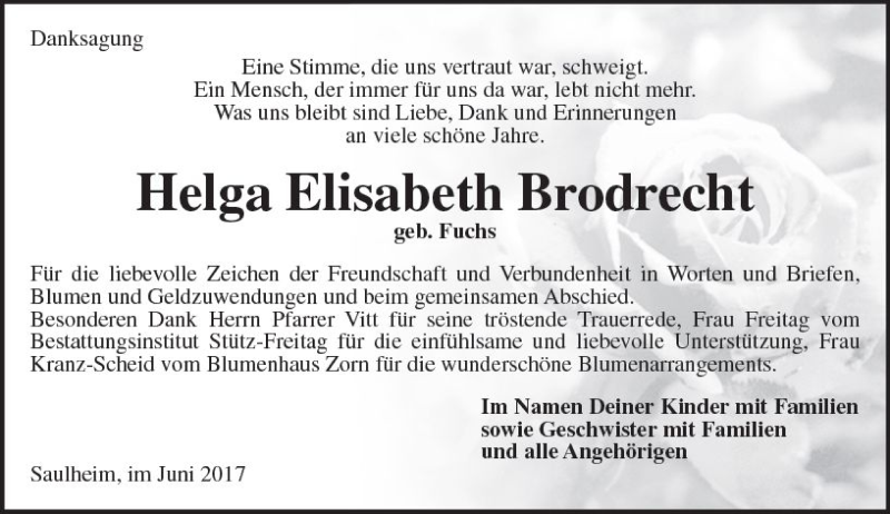  Traueranzeige für Helga Elisabeth Brodrecht vom 17.06.2017 aus Trauerportal Rhein Main Presse