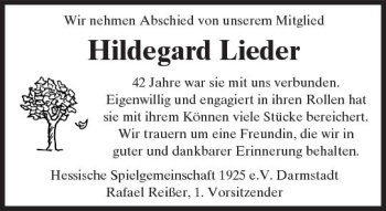 Traueranzeige von Hildegard Lieder von Trauerportal Echo Online