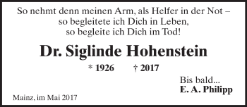 Traueranzeige von Siglinde Hohenstein von Trauerportal Rhein Main Presse