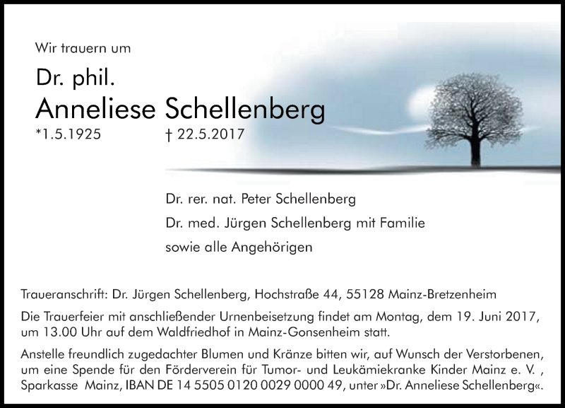  Traueranzeige für Anneliese Schellenberg vom 03.06.2017 aus Trauerportal Rhein Main Presse