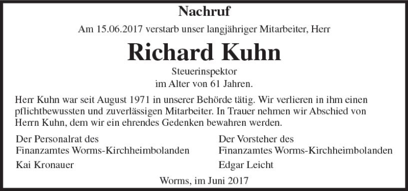  Traueranzeige für Richard Kuhn vom 21.06.2017 aus Trauerportal Rhein Main Presse
