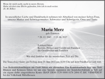 Traueranzeige von Maria Merz von  Kreisanzeiger