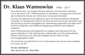 Traueranzeige von Klaus Wannowius von Trauerportal Echo Online