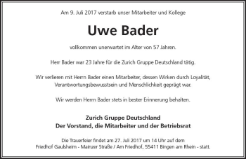 Traueranzeige von Uwe Bader von Trauerportal Rhein Main Presse