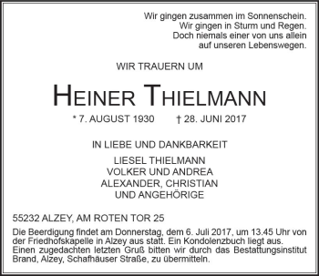 Traueranzeige von Heiner Thielmann von Trauerportal Rhein Main Presse