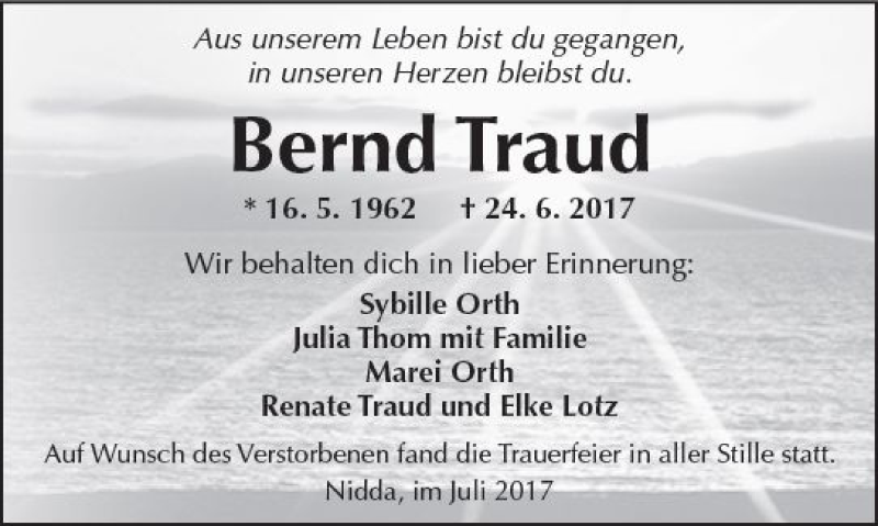  Traueranzeige für Bernd Traud vom 08.07.2017 aus  Kreisanzeiger