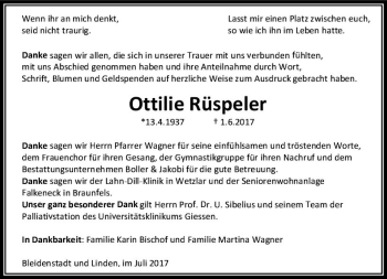 Traueranzeige von Ottilie Rüspeler von  Gießener Anzeiger