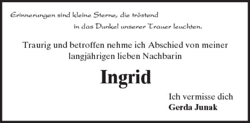  Traueranzeige für Ingrid  vom 07.07.2017 aus Trauerportal Echo Online