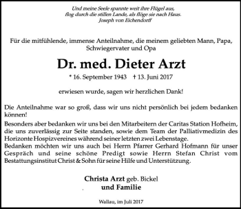 Traueranzeige von Dieter Arzt von Trauerportal Rhein Main Presse