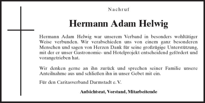  Traueranzeige für Hermann Adam Helwig vom 21.07.2017 aus Trauerportal Echo Online