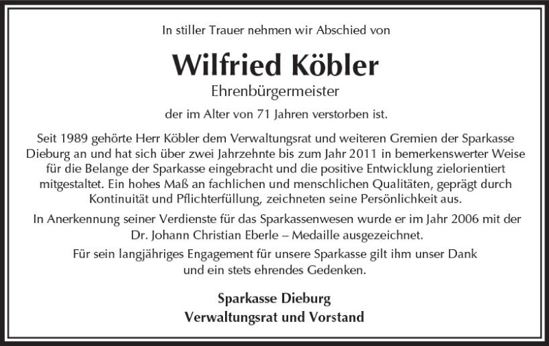  Traueranzeige für Wilfried Köhler vom 14.07.2017 aus Trauerportal Echo Online