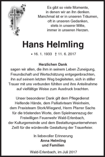 Traueranzeige von Hans Helmling von Trauerportal Echo Online