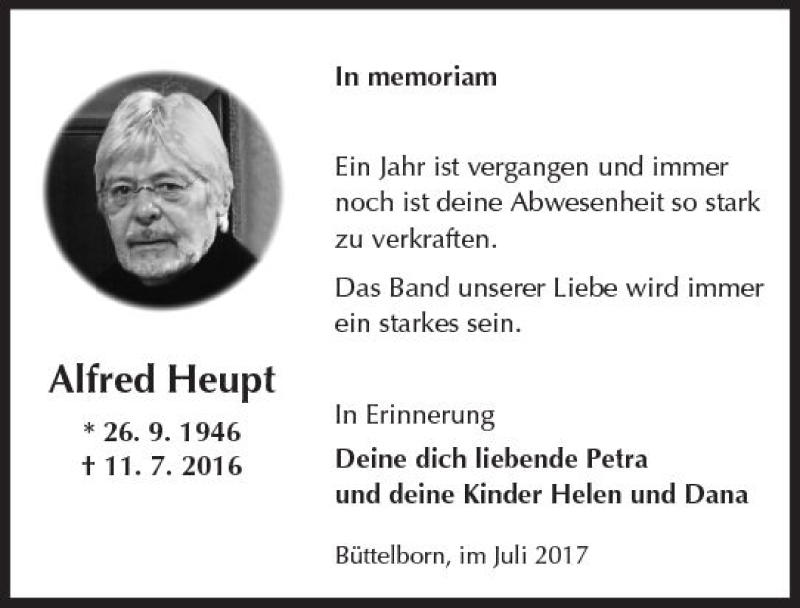  Traueranzeige für Alfred Heupt vom 11.07.2017 aus Trauerportal Echo Online