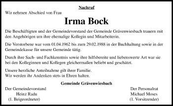 Traueranzeige von Irma Bock von  Usinger Anzeiger