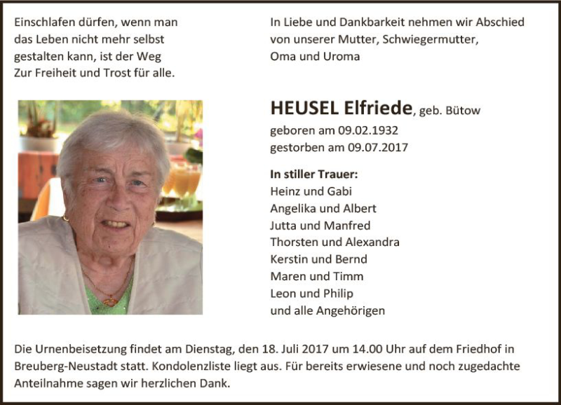  Traueranzeige für Elfriede Heusel vom 14.07.2017 aus Trauerportal Echo Online