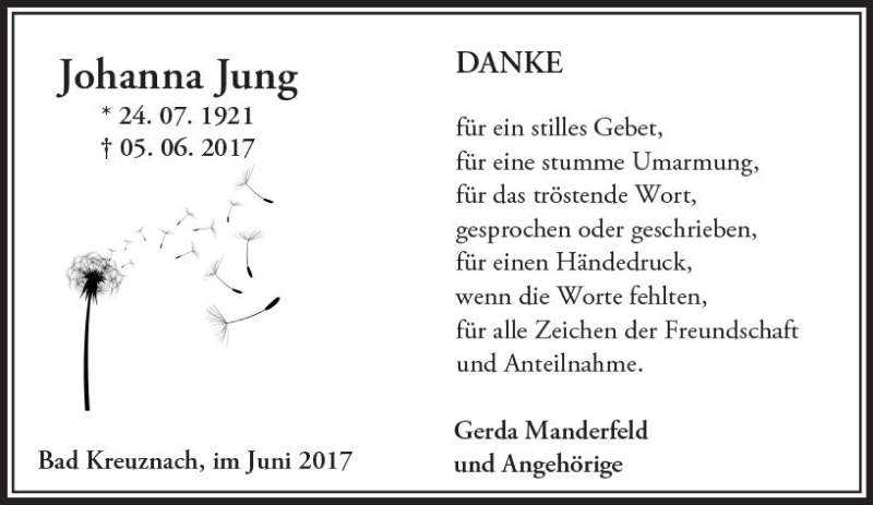  Traueranzeige für Johanna Jung vom 01.07.2017 aus Trauerportal Rhein Main Presse
